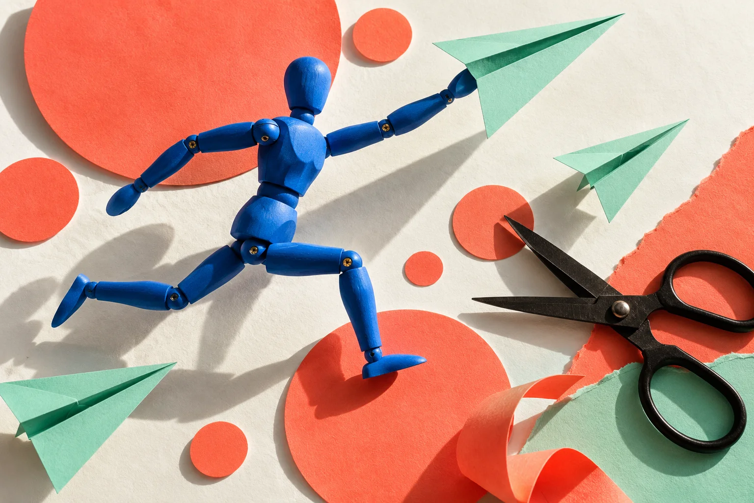 Collage de papier, mannequin bleu et formes colorées dans un atelier imaginaire