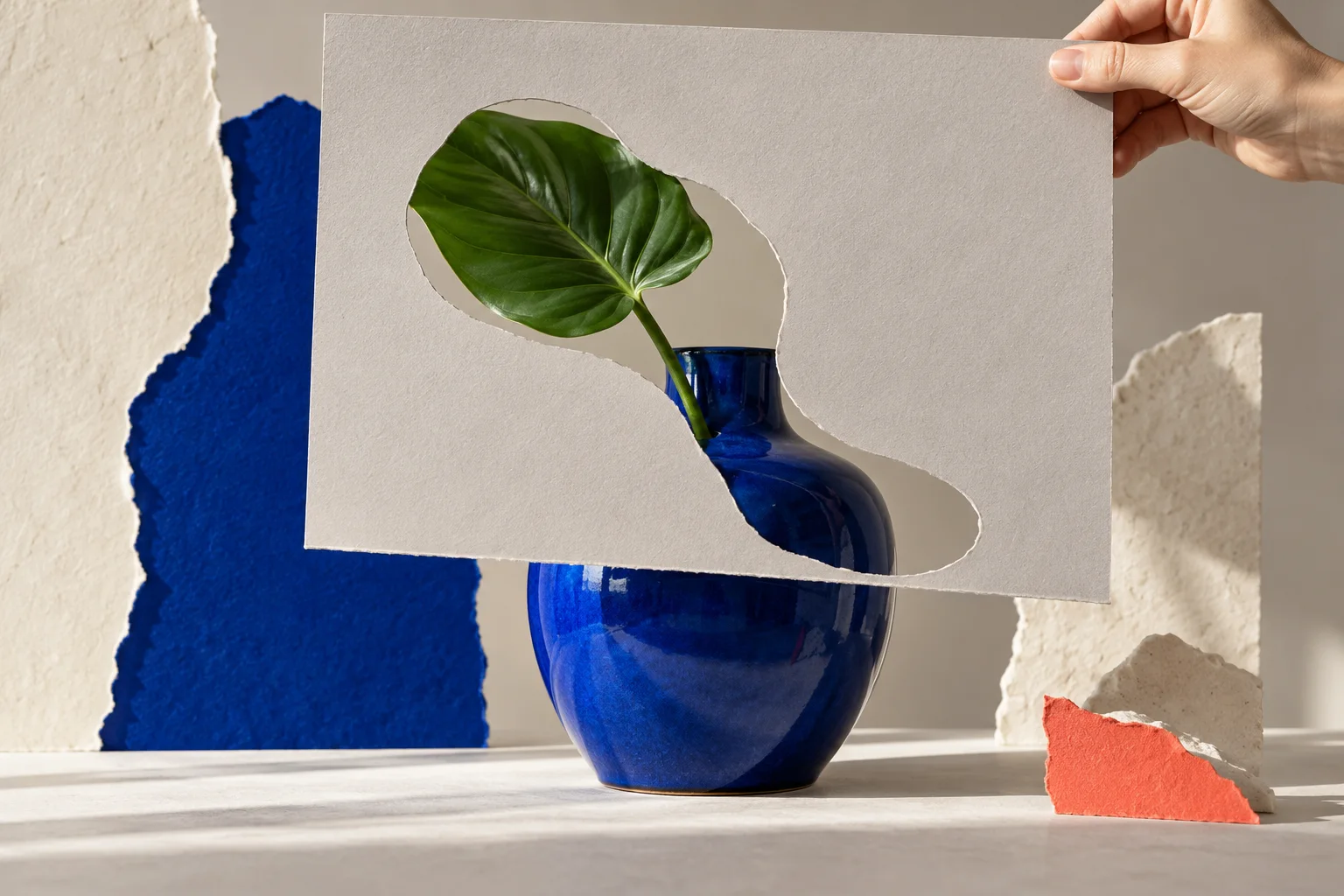 Vase bleu révélé par une ouverture dans une feuille de papier