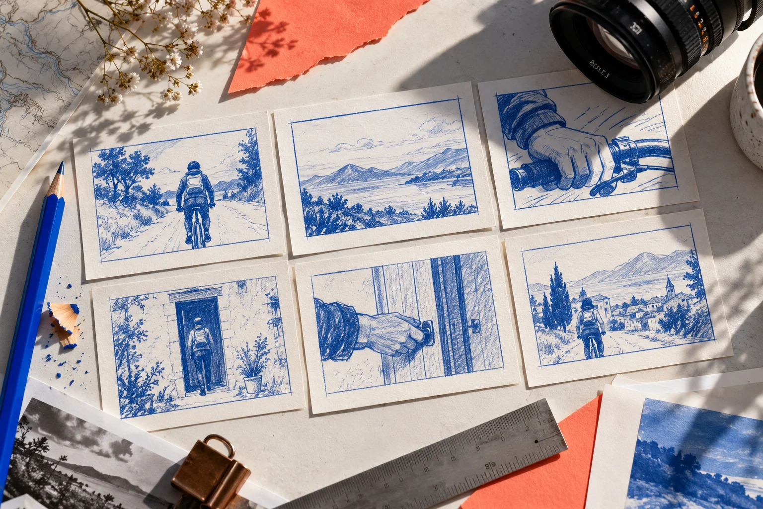 Vignettes de storyboard dessinées en bleu sur un bureau