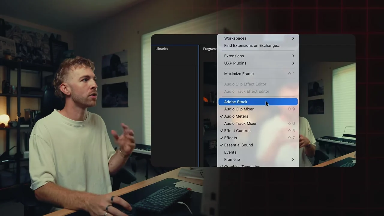 Will présente le menu de Premiere, avec la commande Adobe Stock sélectionnée
