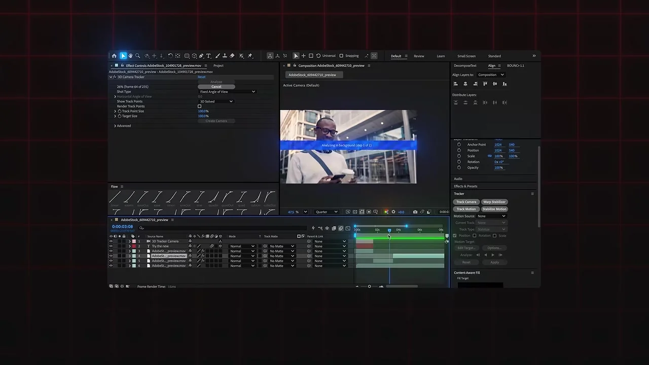 Dans la vidéo, un test de suivi 3D est appliqué à un plan de référence dans After Effects